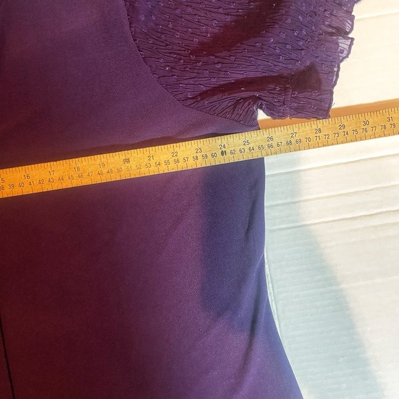 Flower and Feather Purple Womens Blouse with Sheer Decorative Short Sleeves - Picture 6 of 12